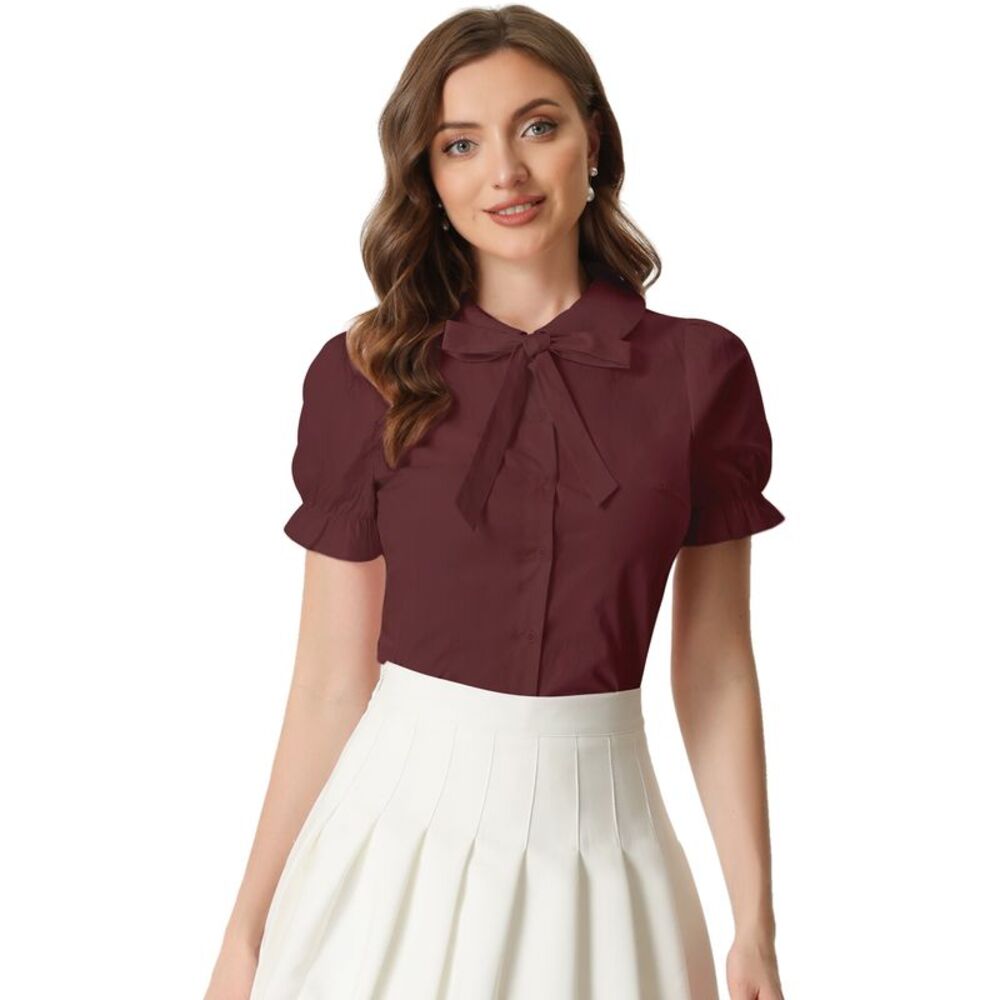Vintage Bow Tie Peter Pan Collar Office Button Up Cotton Shirt Wine Red